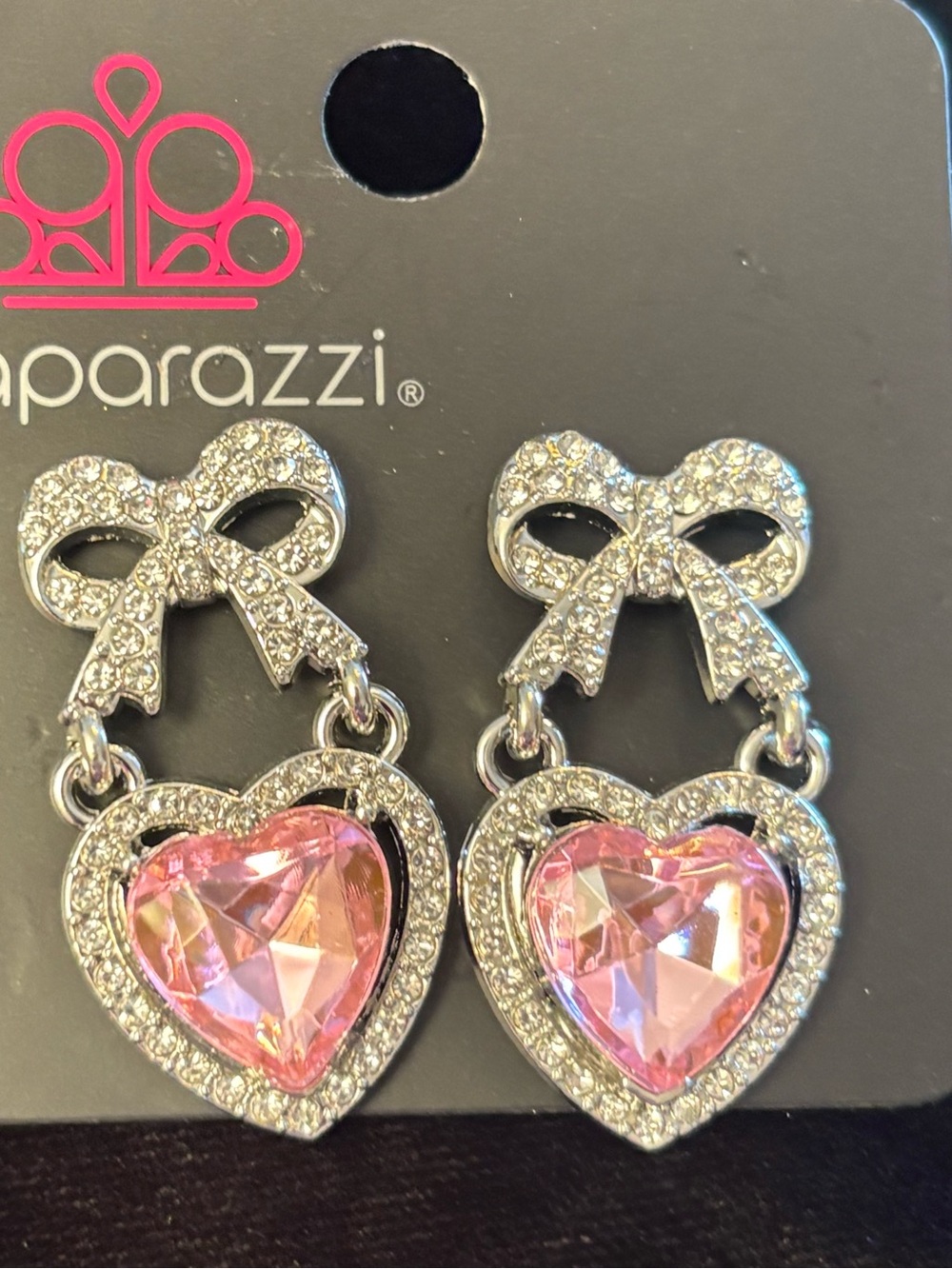 Paparazzi Silver-Tone Bow Earrings with Pink Heart Drops